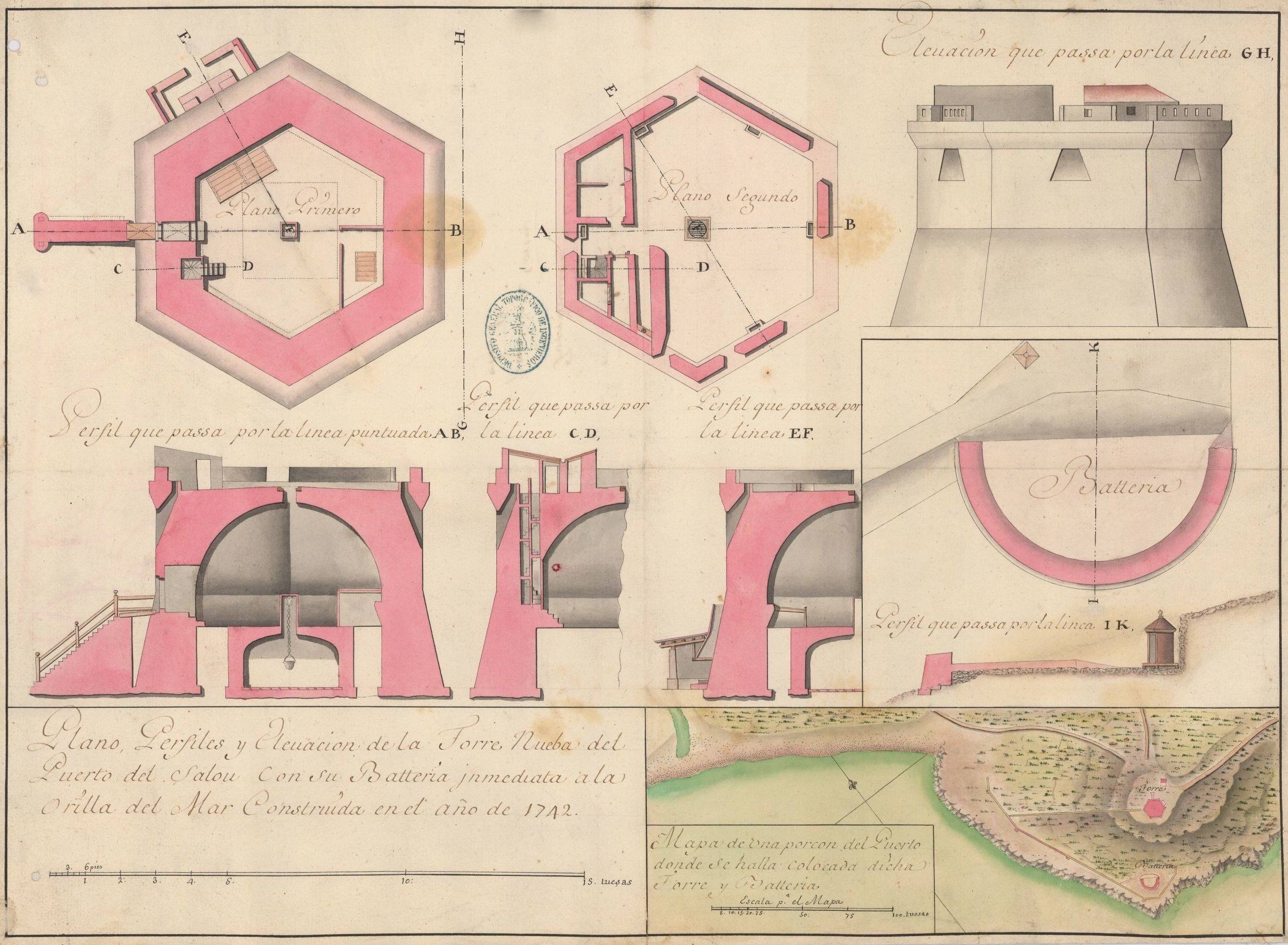 “Plan, profiles, and elevation of the Torre Nova at the Port of Salou and its adjacent Battery, built in 1742 (18th century). General Military Archive of Madrid, ref. T‑1/18.”